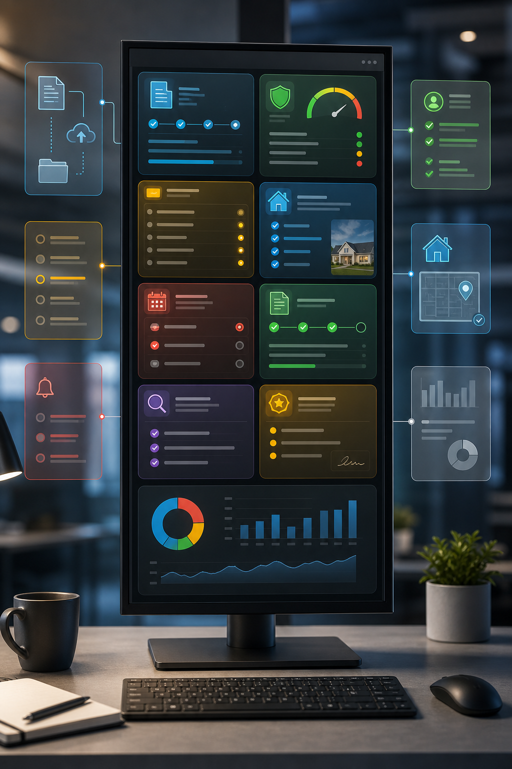 Synthetic insurance operations dashboard showing lead intake, title-order import, quote queues, follow-ups, policy binding, QC, and reporting.